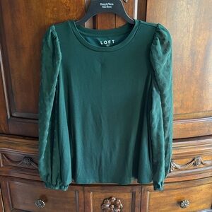 LOFT Dark Green Textured Sleeve Blouse